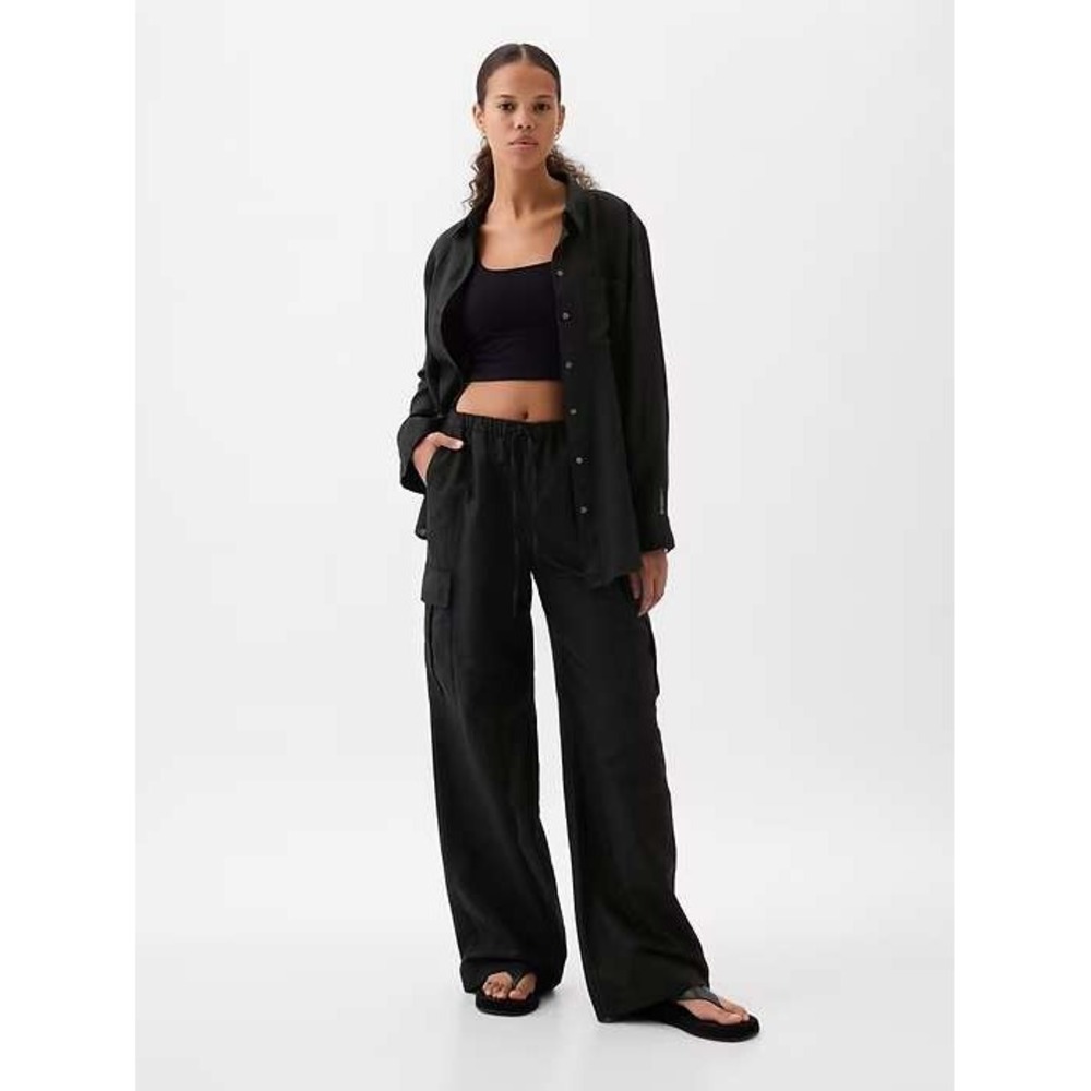 Gap Black Linen Blend Size M Wide Leg Cargo Pants Drawstring Waist Womens
